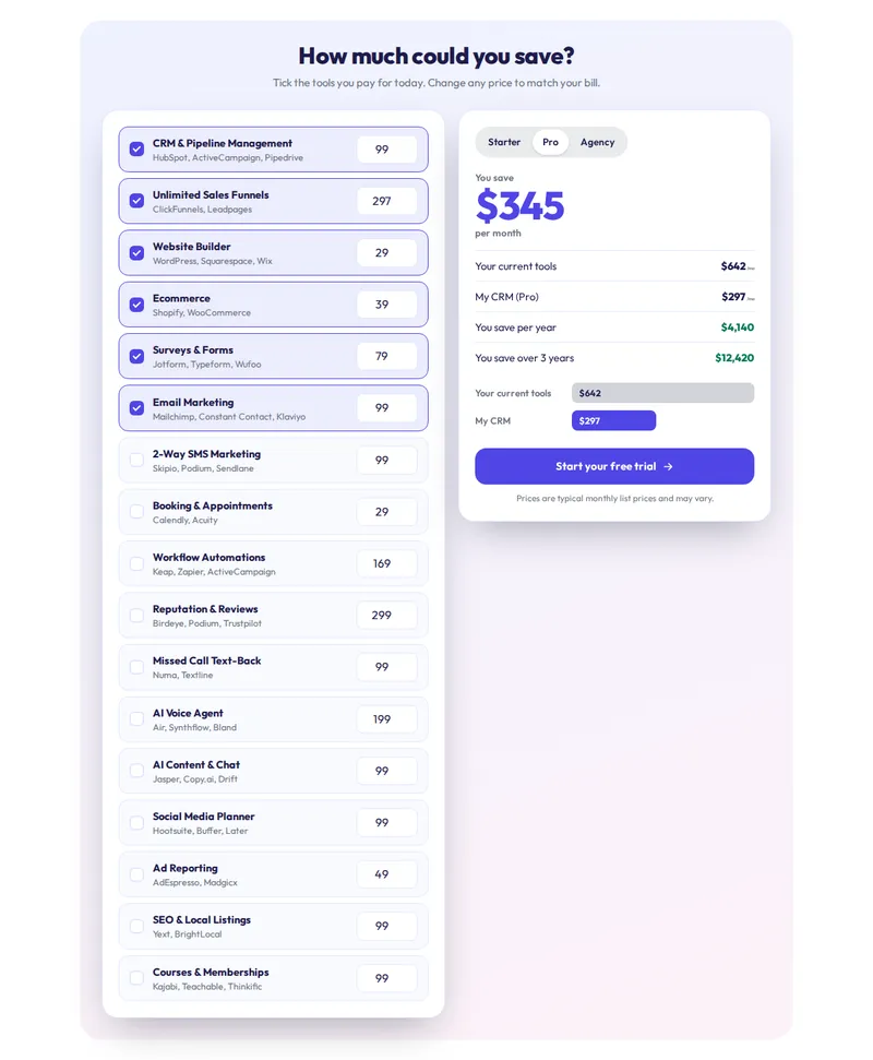 Savings calculator widget with sliders and a running total, Aurora template