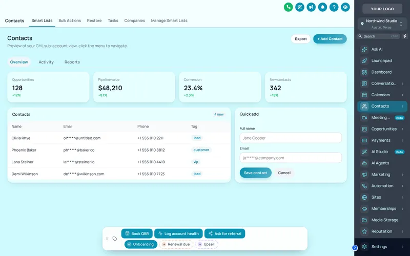 Contact actions bar with quick tags and buttons along the bottom of a GoHighLevel contact record
