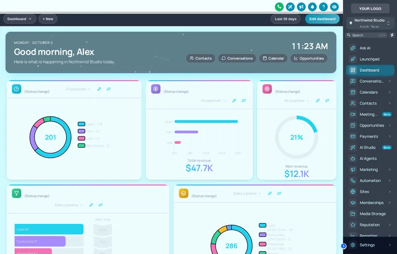 GoHighLevel sub-account dashboard in the Midnight Neon design with neon chart colours and quick links
