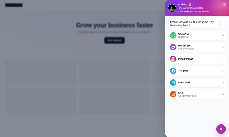 Gradient contact drawer floating widget open on a sample website with chat and call options