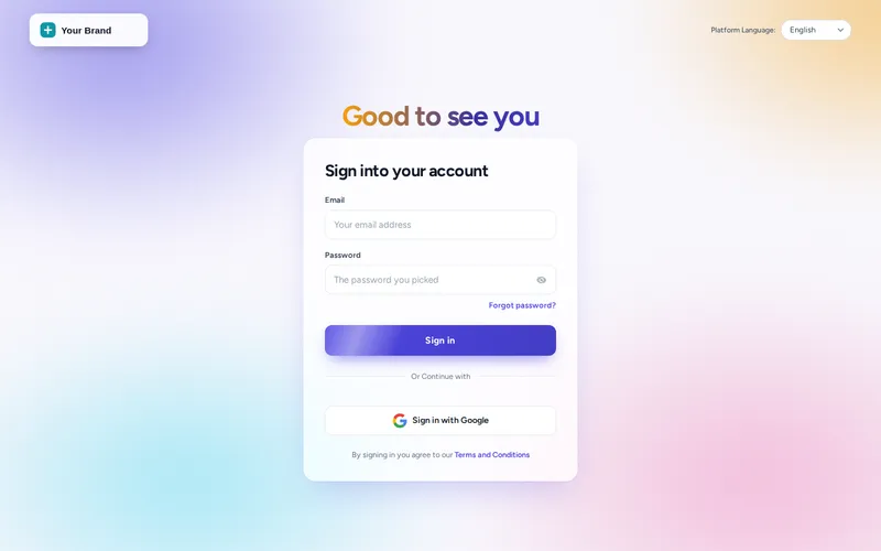 Custom GoHighLevel login page using the Gradient mesh design, sign-in card over a moving colour mesh