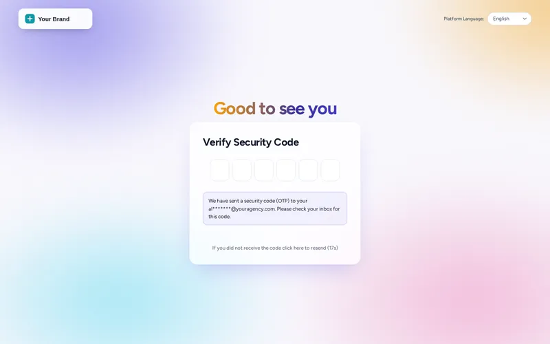 Two-factor code screen of a GoHighLevel login page wearing the Gradient mesh design