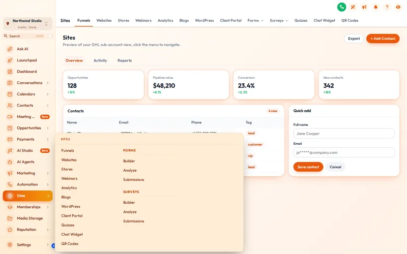 GoHighLevel sidebar with a Columns-style mega menu open over the Sites section