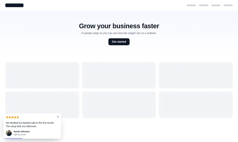 Review card social proof notification in the corner of a sample website