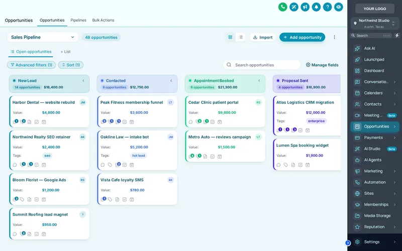 GoHighLevel opportunities board in the Brand Match pipeline design, stage colours taken from the brand