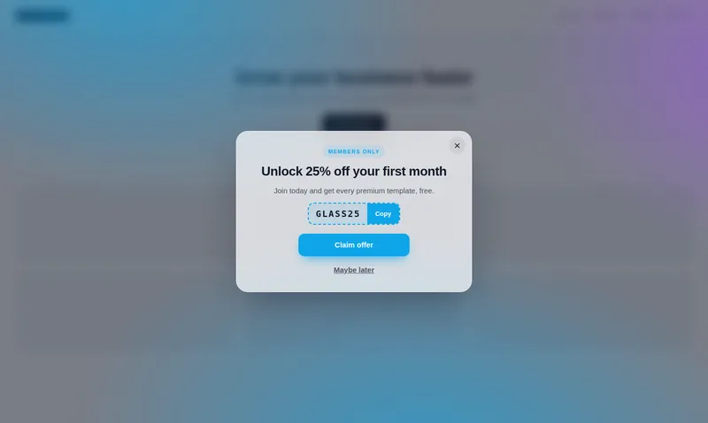 Frosted glass offer popup centred over a sample agency website