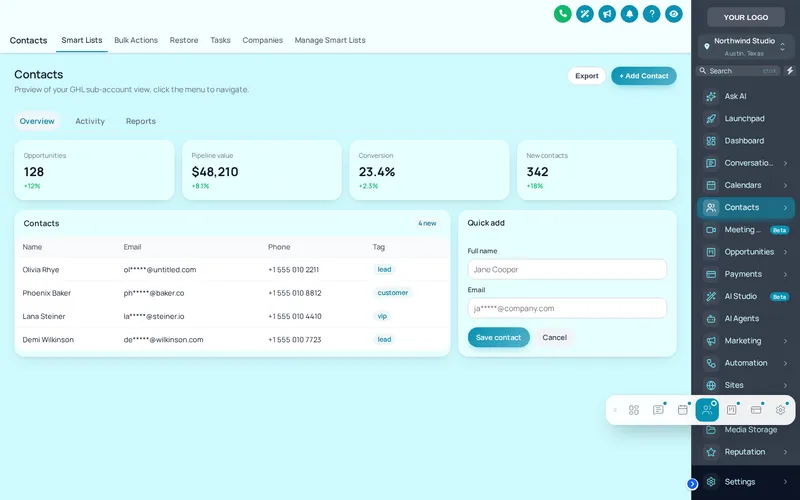 Floating quick menu docked over a GoHighLevel contacts page