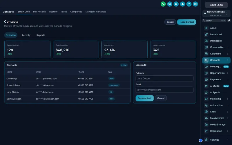 GoHighLevel contacts page in the Ocean Glass theme with dark mode switched on