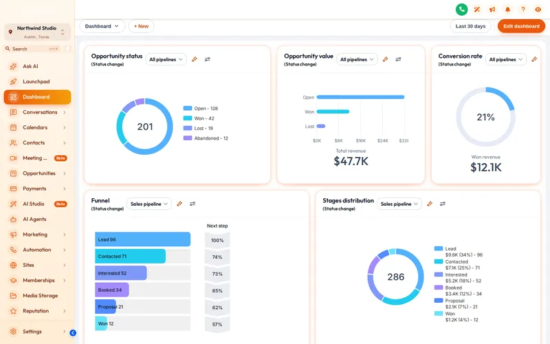 GoHighLevel dashboard in the Golden Hour theme, warm peach sidebar with amber accents